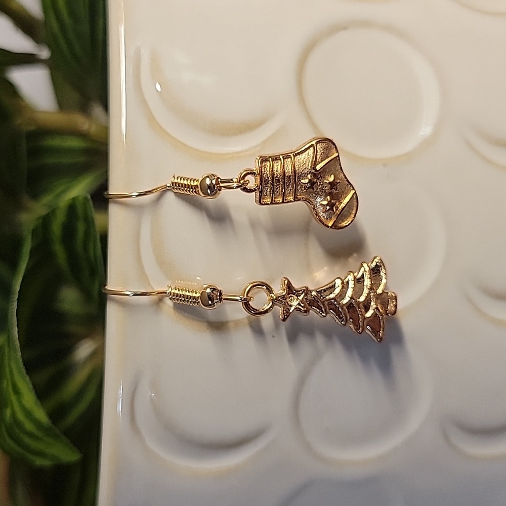 Golden Christmas Tree and Stocking Earrings